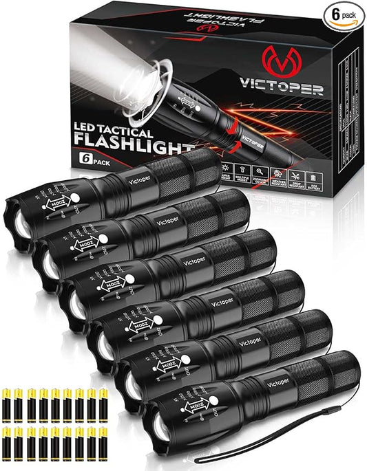 Victoper LED Flashlight 6 Pack, Bright 2000 Lumens Tactical Flashlights High Lumens with 5 Modes, Waterproof Focus Zoom Flash Light, Portable Flashlight for Camping Hiking Outdoor Home Emergency