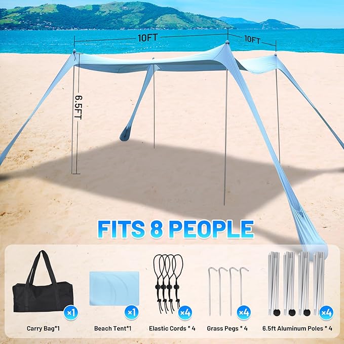BOTINDO Family Beach Tent Canopy Sun Shade, Pop Up Grande Beach Tent Sun Shelter Stability 4 Poles with Portable Carry Bag Outdoor Shade for Fishing Backyard Camping (Light Blue, 10x10FT 4Pole)