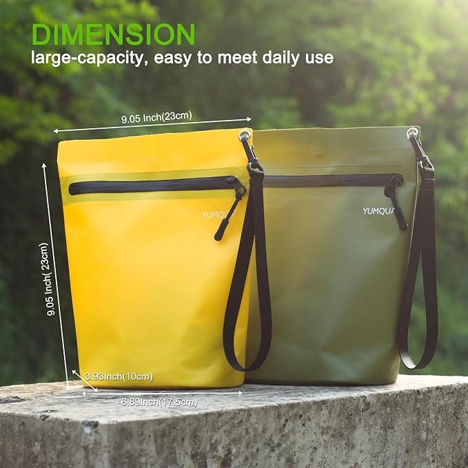 Water-resistant Zipper Pouch 2 Pack, Multi-Purpose Storage Bag Gear Bag for Outdoor Travel Beach Pool Fishing Dirty Clothes Wet Swimsuits (Army Green+Yellow)