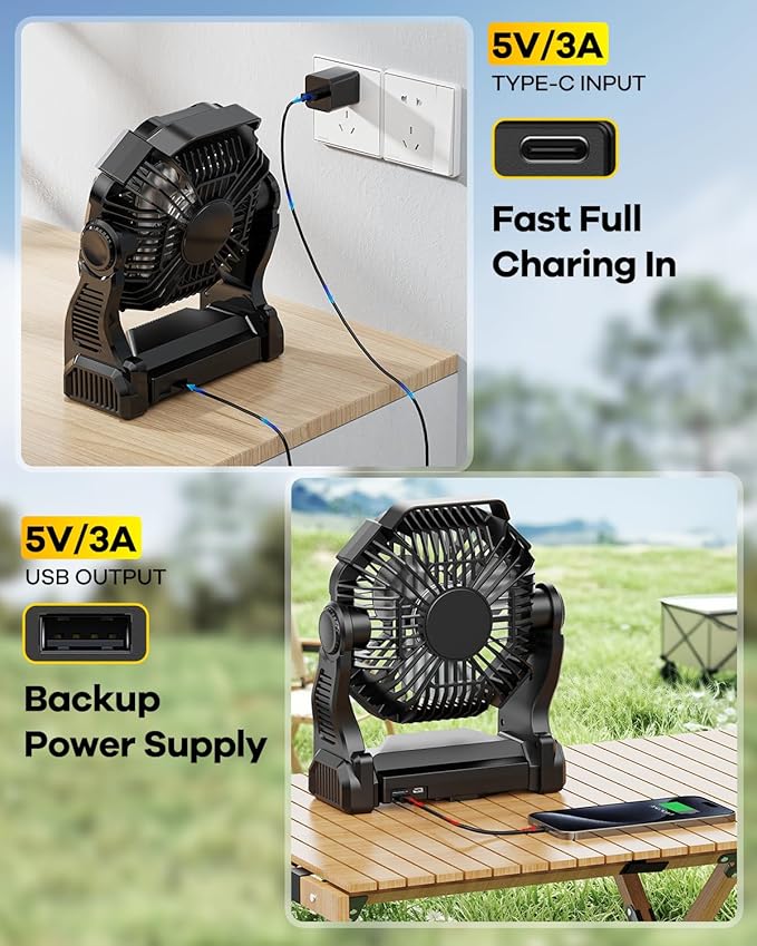 20000mAh Rechargeable Camping Fan with LED Lantern,Portable Battery Powered Outdoor Fan for Bedroom,Camping,Travel,Hiking,Beach,Office,Trave Accessories(Black)