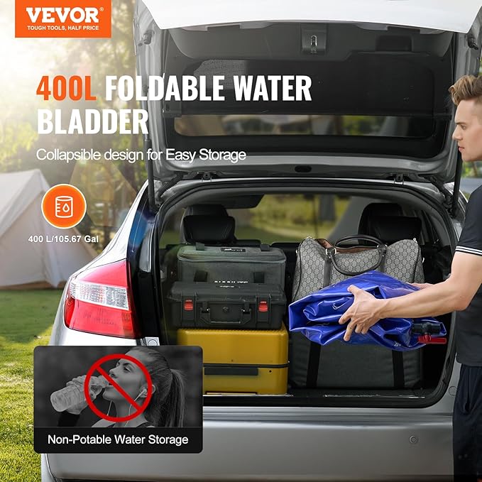 VEVOR 400L/105.7Gallon Water Storage Bladder, RV Water Tank, 1000D Blue PVC Collapsible Water Storage Containers, Large Capacity Soft Water Bag, Portable Water Bladder,Garden Irrigation, Camping