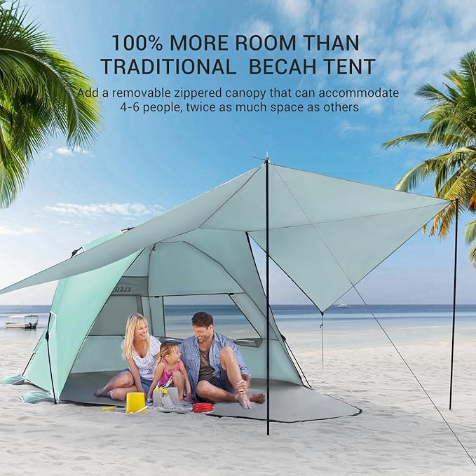Elegear Beach Tent With 360 Removable Canopy, 4-6 Person Pop Up Sun Shade Shelter, UPF 50+ Automated Installation Double Silver Coating Portable Lightweight Cabana