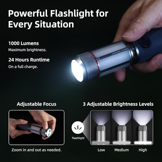 8 in 1 Camping Lantern with Mini Speaker, Built-in Rechargeable 5000mAh Power Bank, LED Music Camping Lights,Portable1000lm Flashlight, SOS, IP54 Waterproof