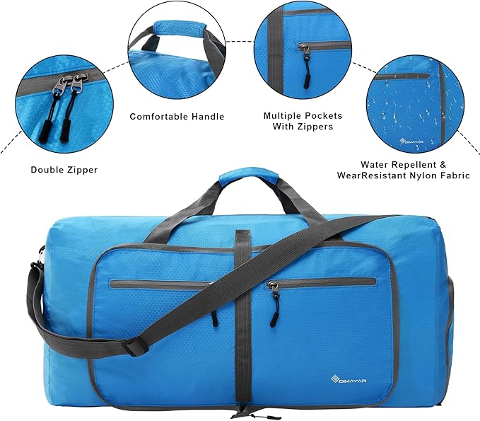 Dimayar Travel Duffle Bag for Men Women - Foldable Duffel Bag with Shoes Compartment - Overnight Bags Waterproof & Tear Resistant(65L,Light Blue)
