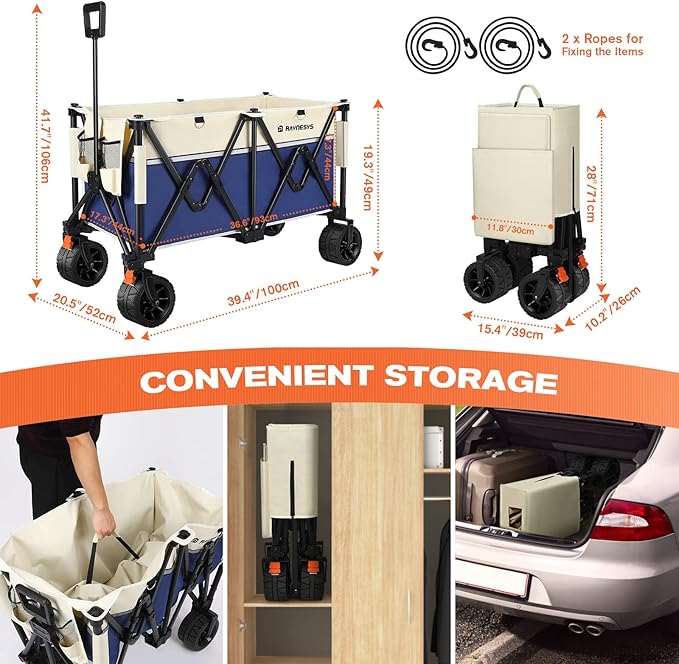 Beach Wagon Carts with Big Wheels for Sand, Raynesys 440 lbs Heavy Duty Foldable Wagon with 200L Capacity, All Terrain Utility Wagon, Beige+Blue
