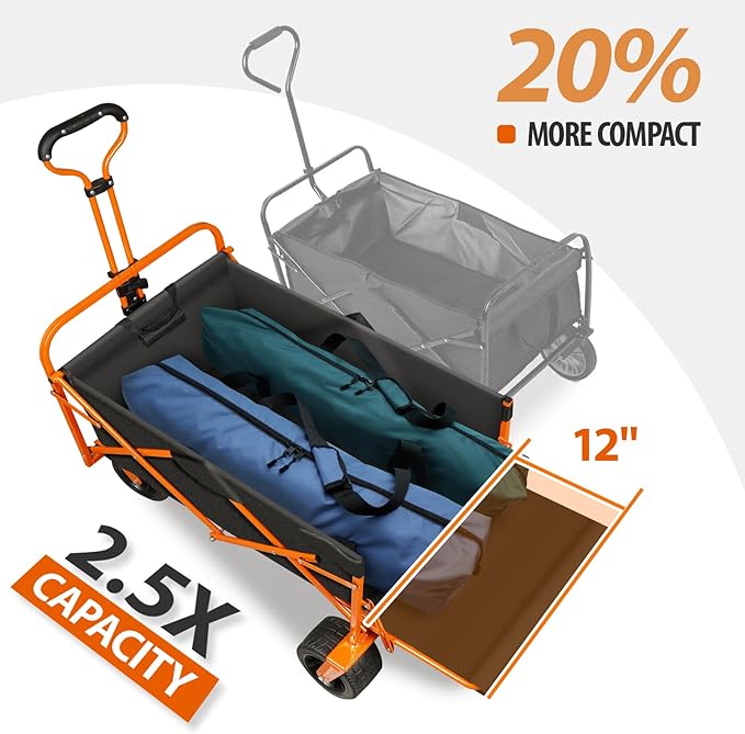 TAIFA Foldable Collapsible Wagons Cart with Extra Long Tailgate, Portable Beach Utility Wagon with Big Wheels and Brakes for Sand Shopping Camping Sports Outdoor, Black and Orange