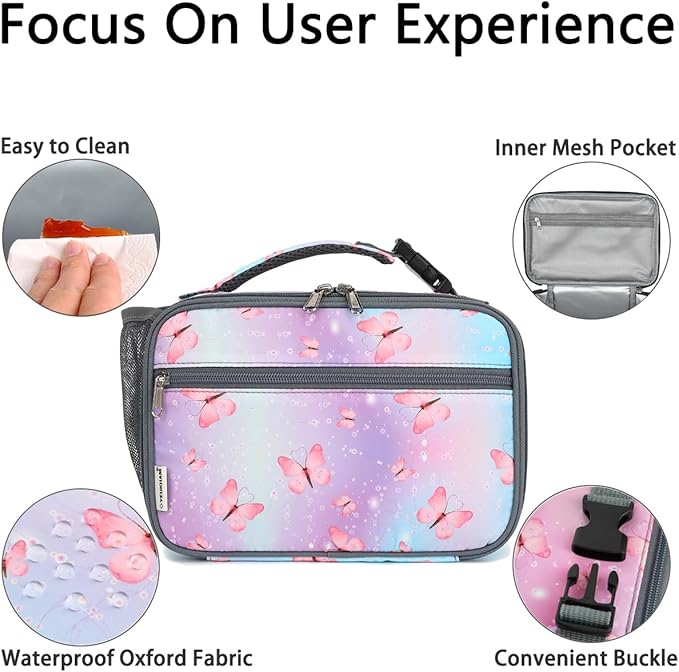 Insulated Lunch Box for School, Thermal Reusable Durable Freezable Lunch Bags for Kids Boys Girls Men Women - Small Soft Cooler Portable Lunch Tote Kit for Work Picnic Travel,Butterfly