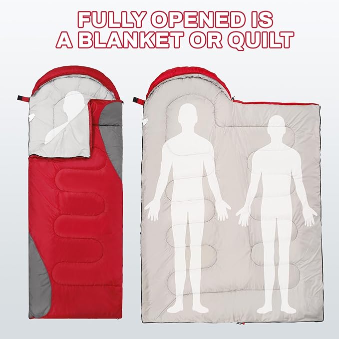 Double Sleeping Bag with 2 Pillows for Adults, Queen Size XL Sleeping Bag Waterproof, Compact with Compression Sack, 2 Person Sleeping Bags for 3-4 Seasons Camping, Backpacking, Hiking, Travel