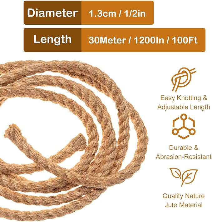 Thick Twisted Manila Ropes 1/2inx100ft Natural Jute Rope Heavy Duty Hemp Rope for Swing Bed, Crafts, Railing, Tug of War, Landscaping, Gardening, Bundling, Hammock, Home Decorating
