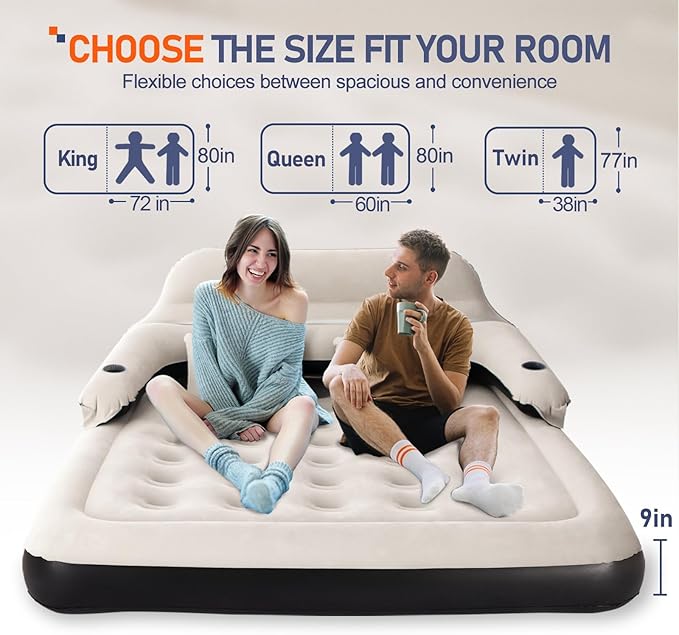 DIMAR GARDEN Queen Size Air Mattress with Headboard and Pillows, Inflatable Bed Blow Up Bed