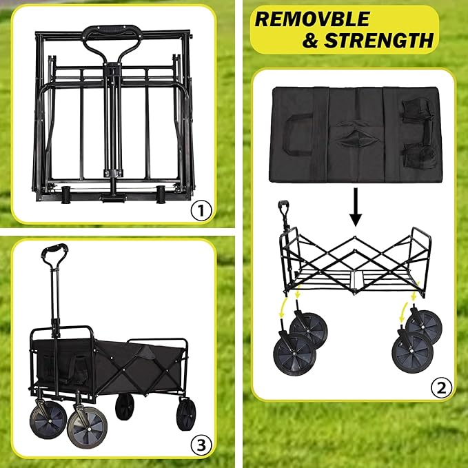 Collapsible Wagon Cart, Heavy Duty Folding Wagon with Telescopic Handle, Double Cloth Pockets, Portable Utility Garden Cart with All-Terrain Wheels for Shopping, Sports, Camping, Black