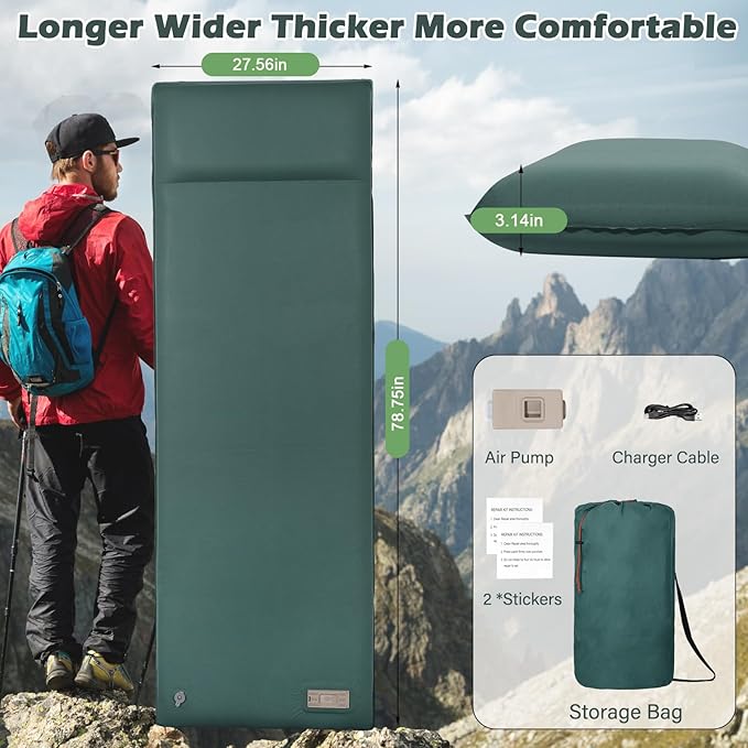 Sleeping Pad for Camping, Self Inflating Camping Pad with Pillow, 3.14" Compact Thick Memory Foam Camping Mattress Pad, Travel Portable Camp Sleeping Mat with Built in Pump