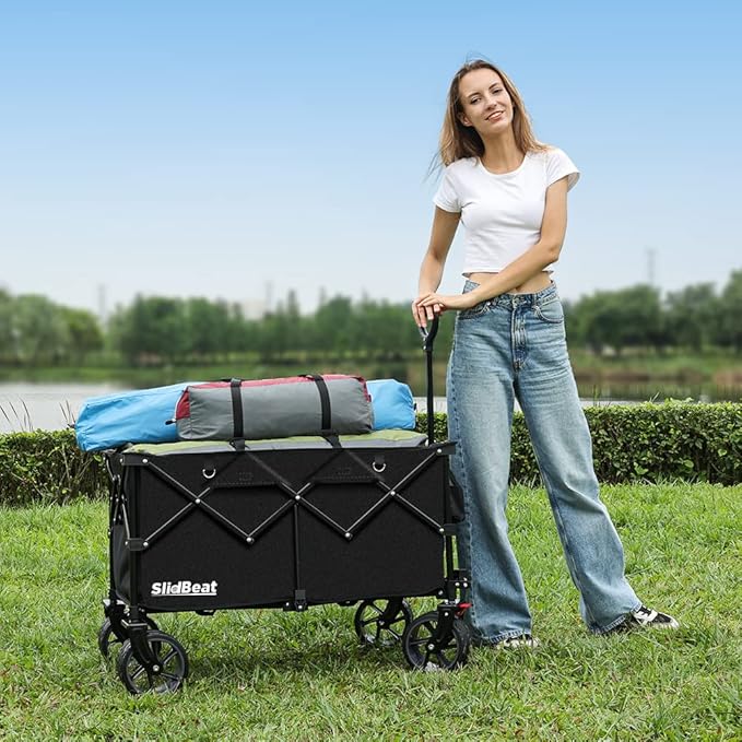 SLIDBEAT Beach Wagon with Big Universal Wheels - Folding Wagon - Wagons Carts Heavy Duty Foldable - Camping Garden Cart Black - 6.5''×2.5'' Wheels