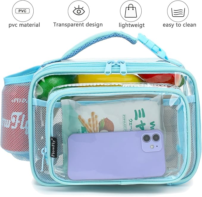 FlowFly Kids Lunch box with buckle Insulated Cooler Back to School Thermal Meal Tote Kit for Girls, Boys, Clear#Blue