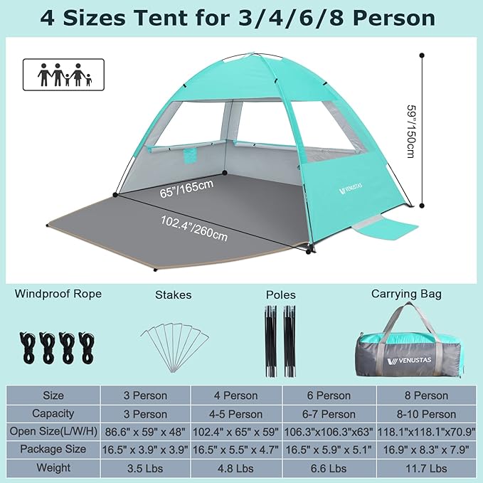 Venustas Beach Tent Sun Shelter for 3-10 Person, UPF 50+ UV Protection Canopy, Lightweight and Easy Setup Cabana, Portable Beach Shade