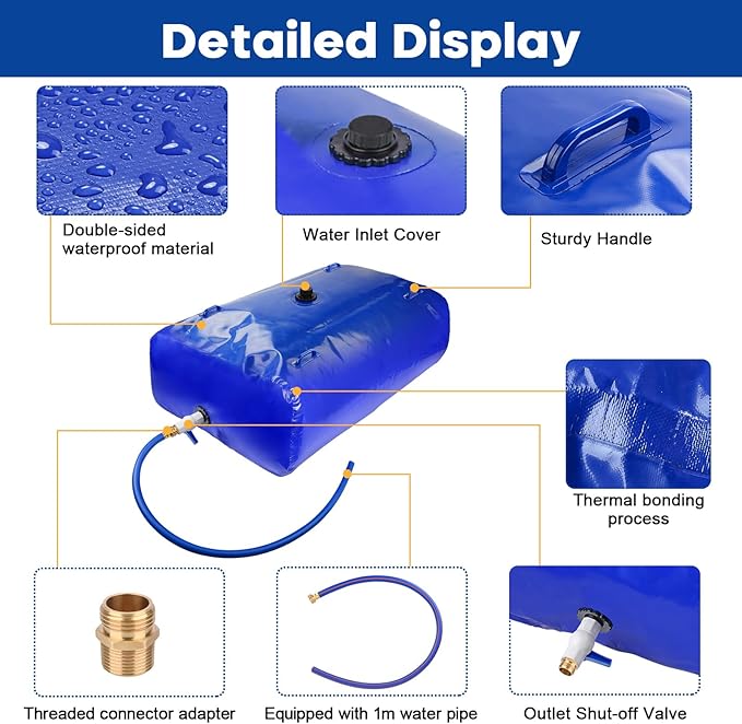 TooTaci 1000L/264Gal Large Capacity Water Storage Bladder, Portable Water Tank with Hose and 3/4" Adapters, for Garden Watering, Drought Resistance, Agricultural Irrigation