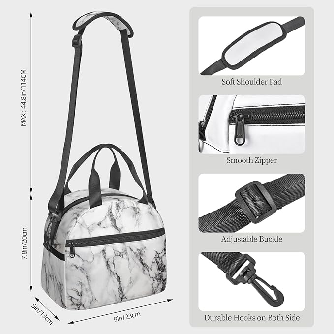 bassyil Marble Insulated Lunch Bag Reusable Lunch Box With Adjustable Shoulder Strap Cooler Tote Bag For Men Women