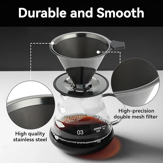 Pour Over Coffee Dripper Filter: Reusable Stainless Steel Coffee Filters - Metal Cone Filter Paperless Single Cup Coffee Maker 1-4 Cup with Double Mesh & Non-slip Cup Stand Black