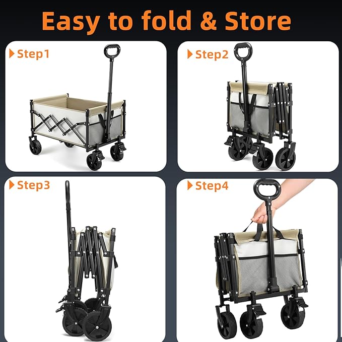 CAMTOP Collapsible Wagon Cart Foldable Wagon Portable Heavy Duty Folding Wagons with Braking Wheels Lightweight Outdoor Utility Wagon for Shopping, Sports, Camping, Garden, Grocery, Beach (Beige)