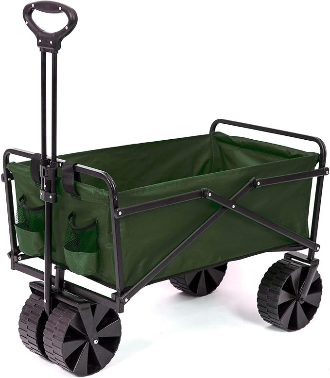 Seina 150 Pound Capacity Heavy Duty Steel Frame Collapsible Folding Outdoor Portable Utility Cart Wagon with All Terrain Plastic Wheels, Green