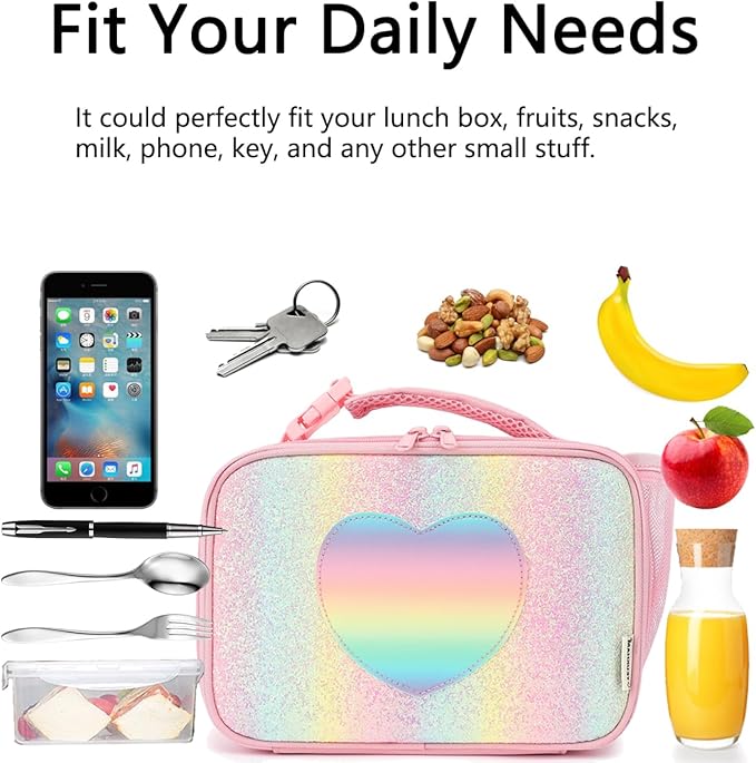 Insulated Lunch Box for School, Thermal Reusable Durable Freezable Lunch Bags for Kids Boys Girls Men Women - Small Soft Cooler Portable Lunch Tote Kit for Work Picnic Travel,Rainbow Glitter