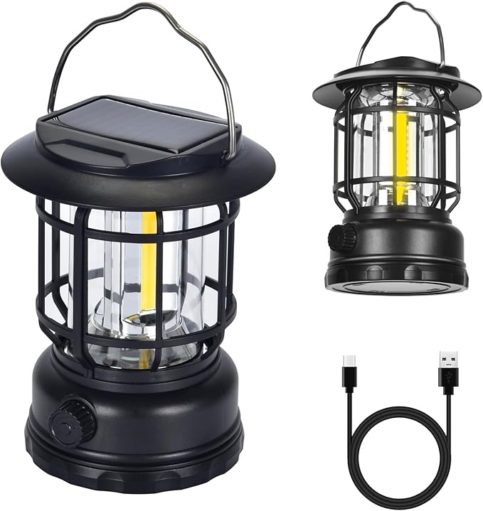 Solar Camping Lantern, USB Rechargeable Retro Dimmable Horse Camp Lamp Outdoor IPX4 Waterproof Vintage Portable Tent Light for Indoor Outages Hiking Emergency, Black