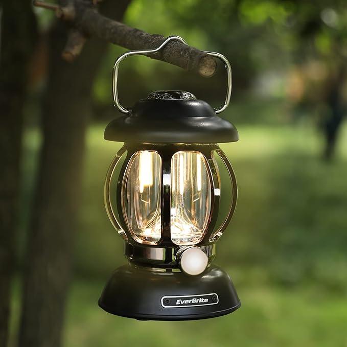 EverBrite Camping Lantern Rechargeable, Retro Metal Camping Light, 4400mAh Battery Powered Hanging Vintage Camping Lamp, 3 Light Modes, Outdoor Tent Light, Emergency Lantern for Power Outage - Black
