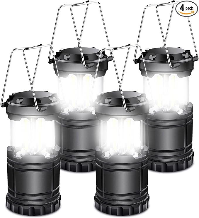 EXTRASTAR 4 Pcs LED Camping Lantern, Battery Powered Compact LED Lanterns, Suitable Survival Kits for Hurricane, Waterproof Portable Emergency Light for Storm, Outages, Black