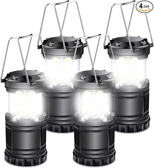 EXTRASTAR 4 Pcs LED Camping Lantern, Battery Powered Compact LED Lanterns, Suitable Survival Kits for Hurricane, Waterproof Portable Emergency Light for Storm, Outages, Black