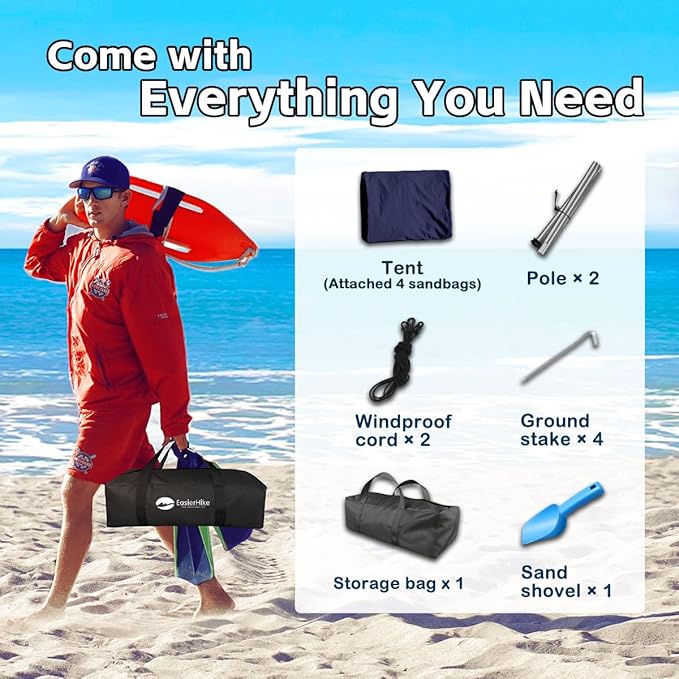 Beach Shade Tent, Portable Easy Pop Up Beach Canopy, UPF50+ Sun Protection Shelter, Windproof & Water Resistant, Perfect for Family