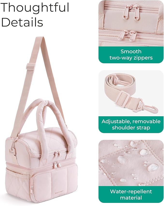 BAGSMART Lunch Bag Women, Double Deck Insulated Lunch Box, Quilted Puffer Lunch Tote, Leakproof, Durable & Reusable Large Lunch Cooler For Work Picnic Travel Meal Prep, Dark Pink