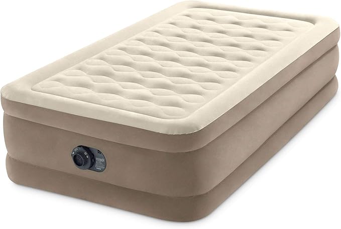 INTEX Dura-Beam Deluxe Ultra Plush Air Mattress : Fiber-Tech – Built-in Electric Pump – 18in Bed Height – 300lb Weight Capacity – Twin Size