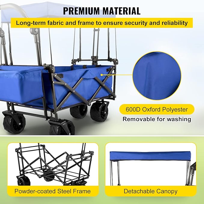 Happbuy Collapsible Wagon with Removable Canopy, 220lbs Heavy Duty Foldable Beach Wagon with Big Wheels