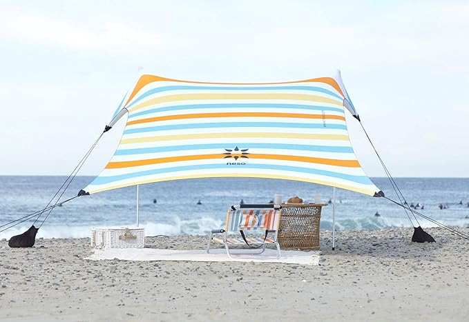 Neso Tents Beach Tent with Sand Anchor, Portable Canopy Sunshade - 7' x 7' - Patented Reinforced Corners (Vintage Stripes)