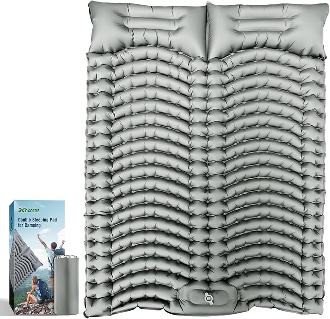 Double Sleeping Pad Self-Inflating 4" Thick for 2 Person Camping - Built-in Foot Pump, Ergonomic Pillow & Ultra-Portable Design for Backpacking, Hiking, Tent Use