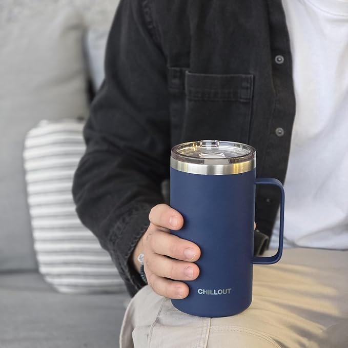 CHILLOUT LIFE Stainless Steel 20 oz Vacuum Insulated Coffee Mug with Handle and Lid, Large Thermal Camping Coffee Mug Cup with Durable Sliding Lid for Men & Women, Keeps your Beverages Hot/Cold
