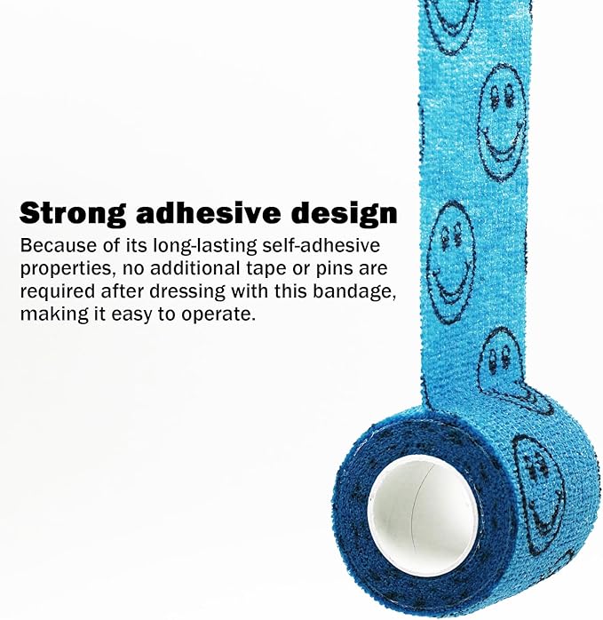 Cohesive Bandage First Aid Tape - Self Adherent Wrap Adhesive Bandages - Colorful Bandages (Blue Smile, 2-Inch)