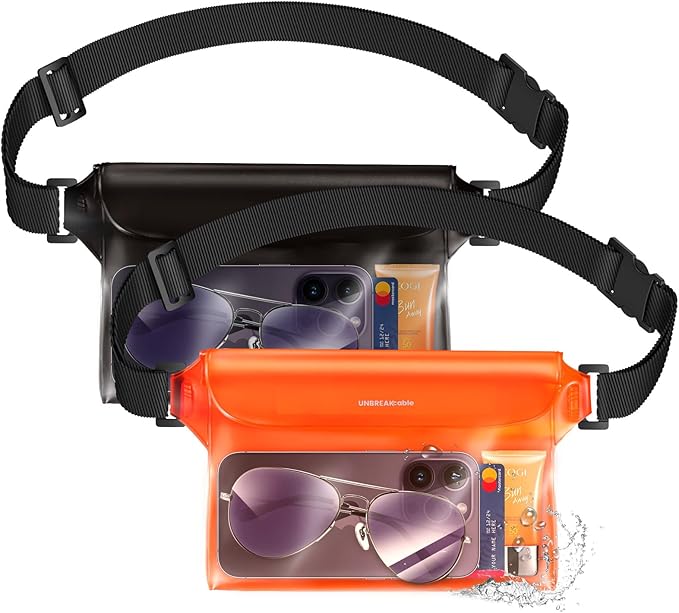 UNBREAKcable Waterproof Phone Pouch with Adjustable Waist Strap- 2 Pack [9.8'' Front window] [SGS IP68 Waterproof] [71'' Maximum Adjustable Waist Length] Waist Bag Screen Touchable Floating Dry Bag