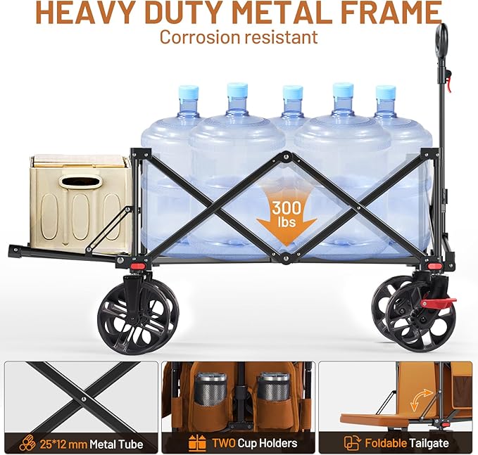 TIMBER RIDGE 47" L Collapsible Wagon with Tailgate & Brake, 300lbs Heavy Duty Beach Wagon with All-Terrain Big Wheels, 250L Foldable Utility Cart for Sand Camping Sports Shopping, Orange