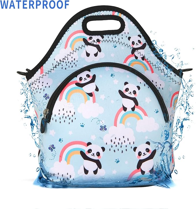 Violet Mist Neoprene Lunch Bag Reusable Insulated Lunch Box with Adjustable Shoulder Strap&Pocket for Women,Men,Adults,Cute Cartoon Panda Snack Bags Anime Animal Work Picnic Travel Tote Food Handbags