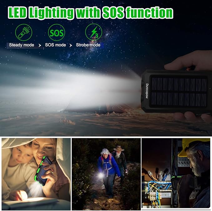 Solar Charger Power Bank, 20000mAh Portable Outdoor Waterproof Solar Battery Charger, Camping External Backup Battery Pack USB C Ports Input/Output, 2 Led Light Flashlight with Compass (Green)