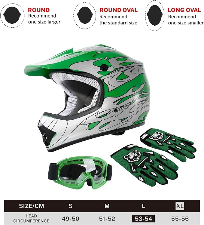TCT-MOTORPARTS DOT Motorcycle Four Wheeler Riding Racing Helmet Youth Kids Motocross ATV Helmets Offroad Street Dirt Bike Go-Kart BMX MX Full Face Helmet Green Flame Large Size