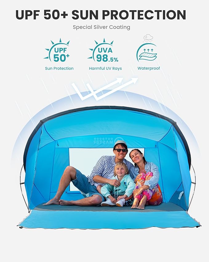 OutdoorMaster Beach Tent for 3-4 Person - Easy Setup and Portable Beach Shade Sun Shelter Canopy with UPF 50+ UV Protection Removable Skylight Family Size - Blue