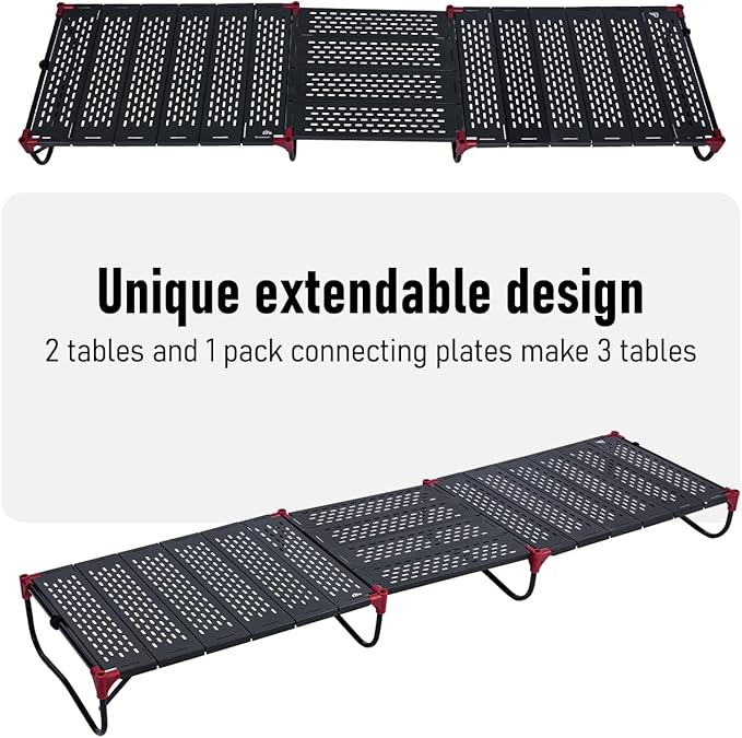 iClimb Extendable Folding Table Large Tabletop Area Ultralight Compact with Hollow Out Tabletop and Carry Bag for Camping Backpacking Beach Concert BBQ Party, Three Size (Black - XL, Low)