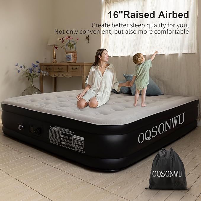 Air Mattress 16" Air Bed Queen with Built in Pump, Foldable Portable Queen Inflatable Mattress, 660 lbs Weight Capacity Blow Up Air-Mattress Suitable for Guests, Indoors and Camping