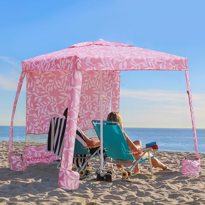 AMMSUN Beach Cabana, 6.2'×6.2' Beach Canopy, Easy Set up and Take Down, Cabana Tent with Sand Pockets, Instant Sun Shade with Side Wall, Pink Leaf