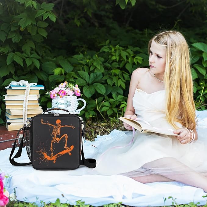 cfpolar Skull Skateboard Lunch Box for Boys Girls, Insulated Lunch Bags for Kids Reusable Mini Cooler Lunch Tote Lunchbox Thermal Meal Tote Kit with Shoulder Strap for Work School Picnic