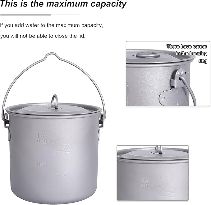 iBasingo 1100ml Titanium Mug Camping Cup Tea Coffee Water Pot with Lid Ultralight Outdoor Travel Tableware with Foldable Handle Picnic Backpacking Trekking Portable Drinkware Survival Gear Ti3041D