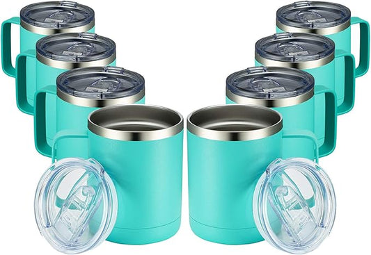 MEWAY 12oz Coffee Mug With Handle 8 Pack Bulk,Stainless Steel Insulated Travel Tumblers With Sliding Lid,Double Wall Vacuum Camping Cup for Hot & Cold Drinks Tea (Light Green,Set of 8)