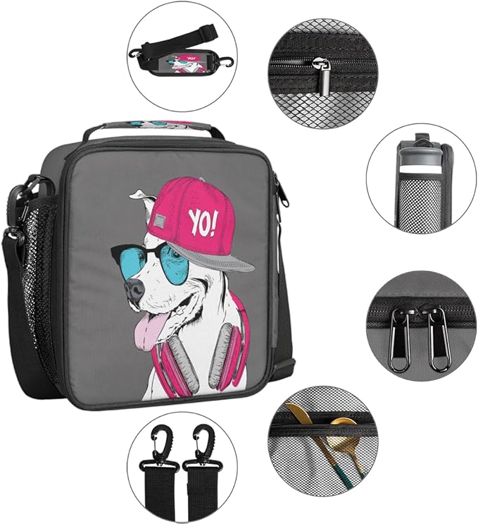 Grey Pink Dog Insulated Lunch Bag for Girls Boys Teen Funny Dog Reusable Lunch Box with Shoulder Strap Freezable Thermal Cooler Bag Meal Prep Boxs for School Travel Picnic Beach Lunch Pail